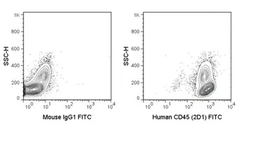 Anti-CD45 antibody [2D1] (FITC) used in Flow cytometry (FCM). GTX01462-06